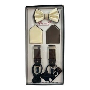 Brand Q Luxury Men's Brown / Beige Suspenders Bow Tie Hanky Kit MSRP$90 NWT